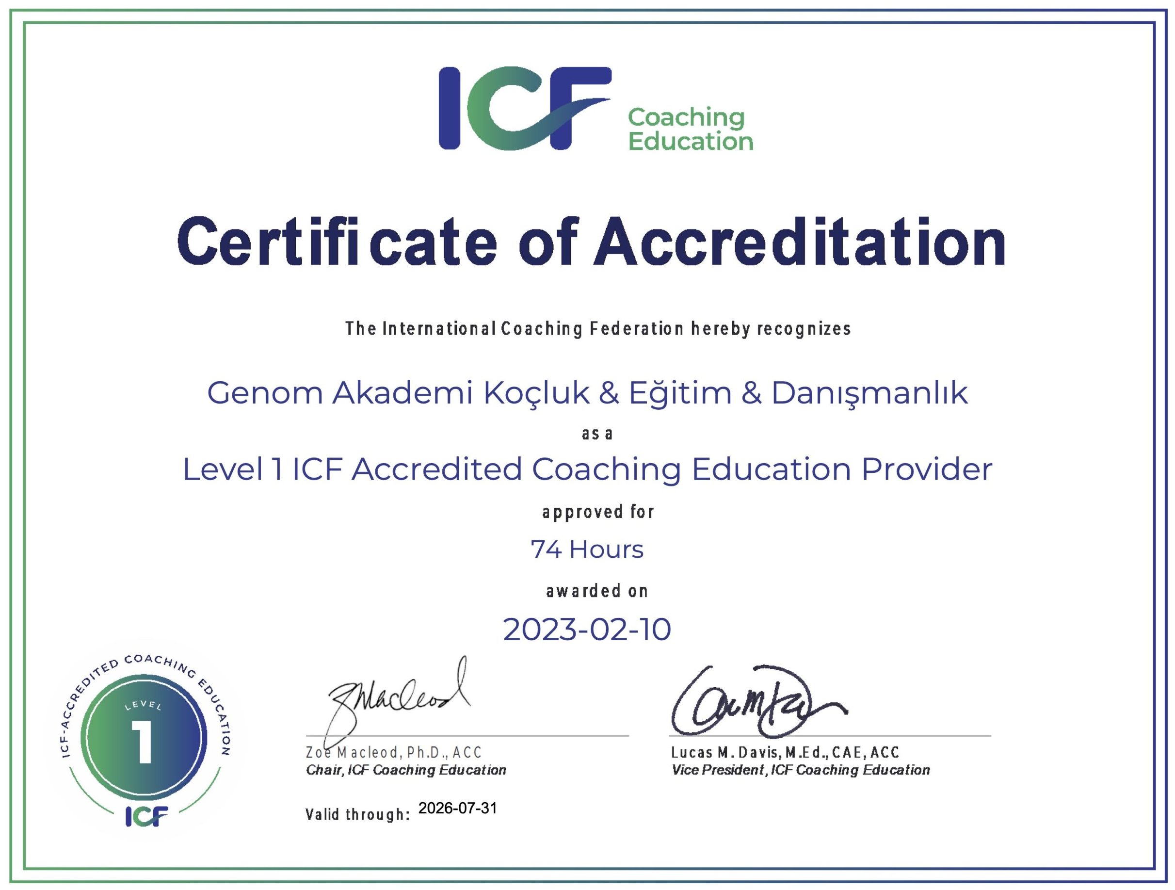 Certificate - Level 1 Accreditation - Genom Akademi Koçluk _ Eğitim _ Danışmanlık